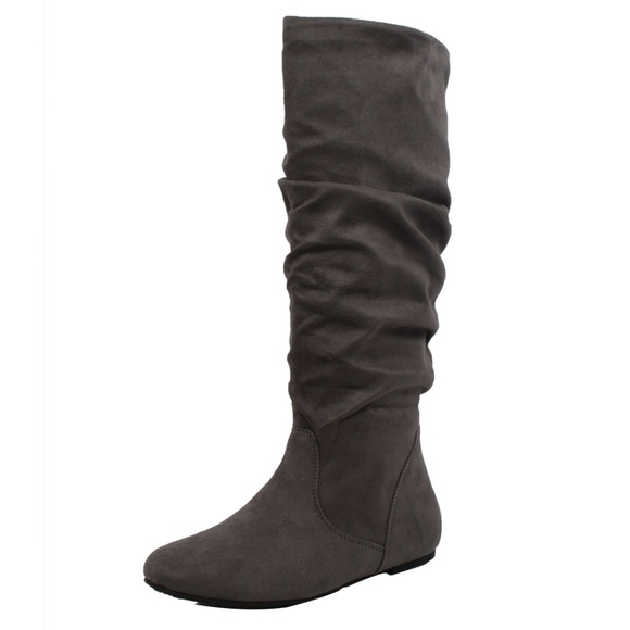 Grey Faux Suede Slouchy Knee High Flat Boot - Picture 3 of 7
